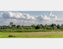 Flache Landschaft mit einer Wiese im Vordergrund, dichtem Baumbestand in der Mitte und vereinzelten Industrieanlagen, darunter ein Silogebäude und ein Mobilfunkmast, im Hintergrund unter einem Himmel mit großflächigen Wolken.