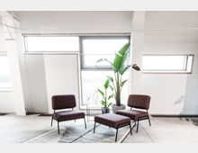 Ein minimalistischer Innenraum mit zwei violetten Stühlen und einem Fußhocker, platziert auf einem Teppich vor großen Fenstern. Eine große grüne Zimmerpflanze steht daneben, und die weißen Wände sowie die klare Beleuchtung verleihen dem Raum ein modernes Aussehen.