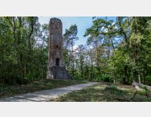Ein hoher, runder Steinturm mit kleinen Fenstern und einem eisernen Gittertor an der Basis steht inmitten eines bewaldeten Gebiets, umgeben von dichten Bäumen. Ein schmaler gepflasterter Weg führt am Turm vorbei, und das Gelände ist mit Gras und vereinzelten Baumstümpfen bedeckt.
