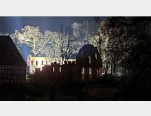 Nachtaufnahme einer Ruine im Wald mit beleuchteten Baumkronen im Hintergrund. Das Gemäuer zeigt bogenförmige Fensteröffnungen und ist von dichtem, kahlem Geäst umgeben.