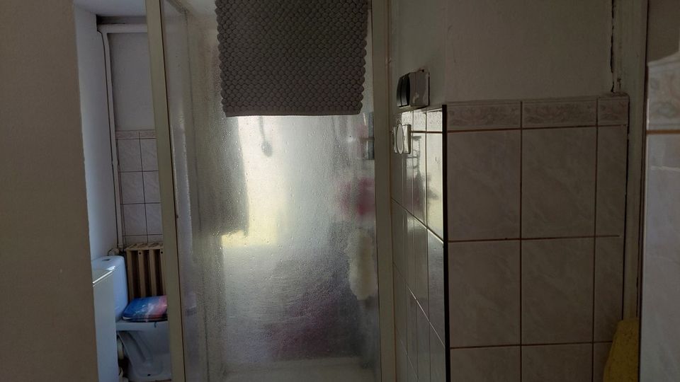 Kleines Badezimmer mit gefliester Dusche und milchiger Duschkabinentür, teilweise durch ein Wabenrollo abgedeckt. Links sind ein WC und ein Heizkörper zu sehen, rechts eine geflieste Trennwand mit Lichtschaltern.
