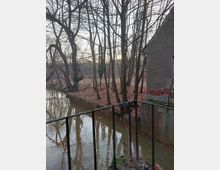 Ein kleiner Wasserlauf, der von kahlen Bäumen umgeben ist, mit Herbstlaub auf dem Boden. Im Vordergrund ein Metallgeländer, rechts ein verputztes Gebäude mit sichtbaren Ziegelsteinen an einer beschädigten Wand.