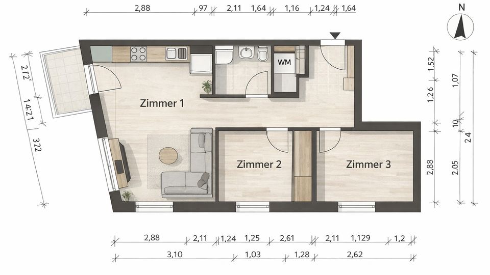 Grundriss einer Wohnung mit drei Zimmern (Zimmer 1–3), einem Bad und einem Eingangsflur; Zimmer 1 ist als Wohnküche mit Küchenzeile und Sitzbereich dargestellt. Links befindet sich ein kleiner Balkon, und entlang der Wände sind Türen, Fenster sowie Maßangaben und eine Nordpfeil-Markierung eingezeichnet.