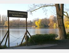 Ein See mit umgebenden Bäumen in herbstlicher Färbung, im Vordergrund ein Schild mit der Aufschrift „Bootsvermietung Schäfersee“ und ein Baumstamm am rechten Rand. Der See ist ruhig, und eine Trauerweide mit leuchtend gelbem Laub steht prominent am Ufer.