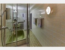 Badezimmer mit grüner Badewanne, zwei Waschbecken und einer Duschkabine. Wände und Boden sind mit grünen und gemusterten Fliesen verkleidet, Handtücher hängen an einem Handtuchhalter, und eine Wandleuchte beleuchtet den Raum.