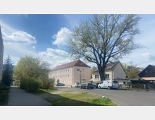 Straßenansicht mit einem blassrosa zweistöckigen Gebäude mit roten Dachziegeln, umgeben von Bäumen und parkenden Autos. Im Vordergrund ein breiter Gehweg und eine Grasfläche, rechts ein großes, blattreiches Baumexemplar.