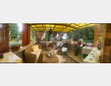 Überdachte Terrasse mit gelbem Wellplastikdach, eingerahmt von vertikalen Holzlatten. Sitzbereich mit Rattanmöbeln, Teppich und Couchtisch in der Mitte; Blumenkübel und Pflanzen säumen die Brüstung, im Hintergrund sind Bäume und Häuser zu sehen.