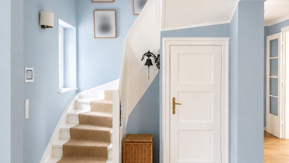 Heller Eingangsbereich in einem Wohnhaus mit hellblauen Wänden, weißer Tür und geschwungener Treppe mit Teppichläufer. Holzparkett in Fischgrätmuster, kleiner Teppich, Wandlampen, gerahmte Bilder und ein Korb neben der Treppe.