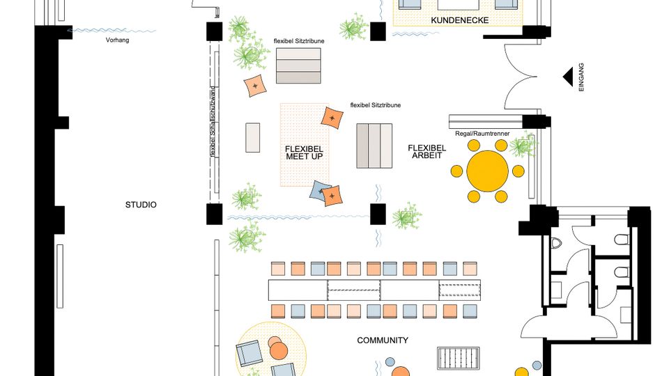 Grundriss eines offenen Coworking- und Veranstaltungsraums mit Zonen für „Studio“, „Flexibel Meet Up“, „Flexibel Arbeit“, „Community“ sowie einer „Kundenecke“ nahe dem Eingang. Eingezeichnet sind flexible Sitztribünen, lange Tischreihen, runde Sitzgruppen, ein Regal als Raumtrenner, Pflanzen sowie ein angrenzender Sanitärbereich.