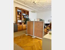 Büro mit Holzboden und Stuckdecke, im Vordergrund eine sichtschutzartige Trennwand. Im Hintergrund ein großer Holzschrank mit Aktenordnern sowie Büropflanzen und verschiedene Schreibtische.