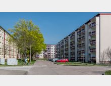 Straßenansicht eines Wohngebiets mit mehreren, mehrstöckigen Wohnhäusern; links beige Gebäude, rechts Gebäude mit weißen Fassaden und rot-weißen Balkongeländern. Im Vordergrund stehen ein Baum, eine Person mit Fahrrad und geparkte Autos auf einem Asphaltweg.