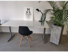 Ein einfacher Arbeitsplatz mit einem weißen Tisch, einem schwarzen Stuhl und einer Schreibtischlampe. Auf dem Tisch steht ein Poster mit großem schwarzem Text, daneben befindet sich eine große Zimmerpflanze in einem grauen Betonpflanzgefäß.