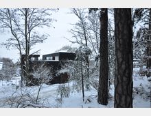 Moderne, dunkle Holzhütte inmitten eines verschneiten Waldes mit kahlen, schneebedeckten Bäumen und sichtbaren Baumstämmen im Vordergrund; im Hintergrund weitere schneebedeckte Häuser und Vegetation.