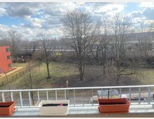 Blick von einem Balkon auf eine Grünfläche mit vereinzelten, unbelaubten Bäumen. Im Hintergrund sind ein rotes Gebäude, ein Zaun, ein mit Graffiti versehenes Mauerwerk und ein teilweise bewölkter Himmel sichtbar; auf dem Balkongeländer stehen mehrere Blumentöpfe.