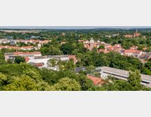 Stadtansicht mit Blick auf eine von Bäumen umgebene Siedlung mit roten Ziegeldächern, mehreren Kirchen mit Türmen und einem Fluss im Hintergrund. Im Vordergrund sind grüne Baumkronen, während im Hintergrund eine flache Landschaft mit Feldern und Wald zu sehen ist.