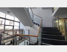 Treppenhaus in einem modernen Gebäude mit Glasgeländern und Holzhandläufen. Große Fenster lassen Tageslicht herein und zeigen eine Außenfassade mit hellen Wänden und Fenstern.