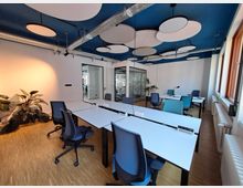 Ein moderner Büroraum mit weißen Schreibtischen, blauen Drehstühlen und großen Fenstern auf der rechten Seite. Die Decke ist blau gestrichen und mit runden, weißen Akustikelementen und sichtbaren Kabeltrassen gestaltet; im Hintergrund befindet sich ein verglaster Besprechungsraum.