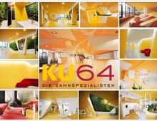 Eine moderne Zahnarztpraxis mit hellgelben und weißen Innenräumen, auffallenden organischen Formen, roten Sitzmöbeln und vertikalen Pflanzenwänden. Die Gestaltung kombiniert futuristisches Design mit beruhigenden Elementen, um eine einladende Atmosphäre zu schaffen.