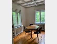 Ein heller Raum mit Holzboden, einem Holztisch und vier schwarzen Stühlen. Zwei große Fenster mit Blick auf grüne Bäume lassen viel Tageslicht in den Raum, und die Decke hat ein dekoratives Balkendesign. Links steht ein Bücherregal, und unter den Fenstern sind weiße Heizkörper.