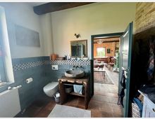 Ein Badezimmer mit einer Kombination aus grünen Wandfliesen und dekorativem Fliesenmuster, einem rustikalen Waschtisch mit einer Steinwaschschüssel, und einer Toilette. Im Hintergrund ist durch eine offene Tür ein Wohnzimmer mit Backsteinwänden, Holzboden und einem großen Fenster sichtbar.