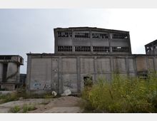 Ehemaliges Fabrikgebäude mit verwitterter Fassade aus Ziegeln und Beton, bröckelnden Wänden und zerbrochenen Fenstern. Im Vordergrund sind wild wachsende Pflanzen und eine unbefestigte Fläche sichtbar.