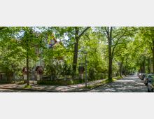 Baumbestandene Kopfsteinpflasterstraße mit parkenden Autos am rechten Straßenrand. Links befindet sich ein eingezäuntes Grundstück mit einem größeren Wohnhaus im Hintergrund, umgeben von dichtem Grün.