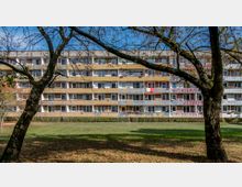 Mehrstöckiges Wohngebäude mit bunter, verwitterter Fassade und Balkonen, umgeben von einer Grünfläche mit Rasen und Bäumen im Vordergrund.