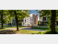 Moderne Wohnanlage mit mehreren weißen Gebäuden, die Balkone und großzügige Fensterfronten haben, umgeben von Bäumen und Gehwegen. Im Hintergrund ist ein hohes, rotbraunes Gebäude zu sehen.