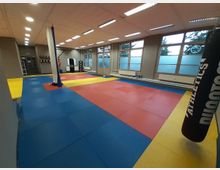 Ein Trainingsraum mit bunten Matten in den Farben Blau, Rot und Gelb auf dem Boden. Der Raum hat große Fenster, eine Boxsack-Aufhängung und Fitnessausrüstung wie Boxsäcke und Zielscheiben an den Wänden.