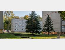 Mehrstöckige Wohnhäuser aus Beton mit schlichten Fassaden, umgeben von Rasenflächen und Nadelbäumen; Wäscheleinen mit Kleidung und Bäume im Hintergrund, die auf eine ruhige Wohngegend hindeuten.