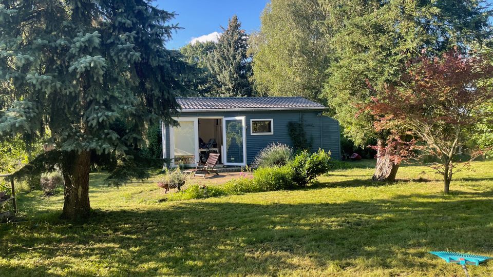 Blick auf einen weitläufigen Garten mit Rasenfläche und hohen Nadel- und Laubbäumen, dahinter ein flaches Gartenhaus mit dunkelblauer Holzfassade und Ziegeldach. Vor dem Haus liegt eine kleine Terrasse mit Gartenmöbeln, umgeben von Sträuchern und Stauden.