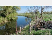 Landschaft mit einem kleinen Fluss oder Bach, umgeben von grüner Vegetation und Büschen. Im Vordergrund steht ein Zaun aus Holz- und Metallpfosten mit Stacheldraht sowie ein schmaler Holzsteg.