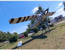 Flugzeugmodell in Zebra-Muster auf einem Gestell ausgestellt, umgeben von einer Grünfläche mit Bäumen und geparkten Autos im Hintergrund. Im Vordergrund steht eine Tafel mit Informationen.
