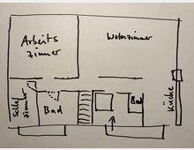 Handgezeichnete Skizze eines Wohnungsgrundrisses mit beschrifteten Räumen: "Arbeitszimmer", "Wohnzimmer", "Schlafzimmer", "Bad" und "Küche". Eine Treppe ist mittig eingezeichnet, links und rechts davon befinden sich Türen zu anderen Räumen.