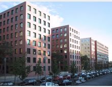 Mehrstöckige Bürogebäude mit rotbrauner Backsteinfassade und regelmäßig angeordneten Fenstern; davor eine Straße mit parkenden Autos und einer Baumreihe, die den Gehweg säumt. Der Himmel ist klar mit leichtem Tageslicht.