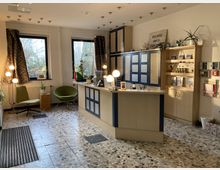 Heller Empfangsbereich mit einer Theke in Holzoptik und blauen Akzenten, flankiert von Regalen mit Broschüren und Pflanzen. Links im Raum stehen zwei grüne Sessel vor großen Fenstern mit gemusterten Vorhängen, und der Boden ist mit terrazzoartigen Fliesen gestaltet.