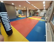 Eine helle Sporthalle mit gepolstertem Bodenbelag aus roten, gelben und blauen Matten. Im Raum befinden sich ein Boxsack, Trainingsgeräte, ein roter Dummy und an der Wand Regale mit Boxhandschuhen und Ausrüstung. Fenster an der rechten Seite lassen Tageslicht herein.