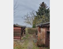Ein schmaler Gartenweg führt zwischen zwei alten, verwitterten Schuppen hindurch. Im Hintergrund sind Büsche, ein kahler Baum und eine hohe Tanne zu sehen, unter bedecktem Himmel.