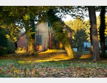 Einfache Hausfassade mit gelbem Putz und Fenstern, umgeben von Bäumen und herbstlichem Laub auf dem Boden. Im Hintergrund sind ein kleineres rotes Ziegelgebäude, ein Gewächshaus und dichte Vegetation zu sehen.