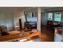 Offener Wohnbereich mit Holzboden, einer Küchenzeile im Vordergrund und einem Kaminofen in der Mitte. Im Hintergrund ist ein Esstisch mit Stühlen und große Fenster mit Blick auf einen Garten zu sehen.