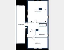 Grundriss einer Wohnung mit Dachterrasse, Wohnzimmer, Schlafzimmer, Badezimmer und Flur. Eine Treppe befindet sich auf der rechten Seite vom Flur, die zu anderen Ebenen führt.