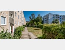 Wohnsiedlung mit mehrstöckigen Plattenbauten, links ein beige- und graufarbener Gebäudekomplex, rechts ein weißes Gebäude mit Balkonen. Dazwischen ein gepflasterter Gehweg, Rasenflächen, Wäscheständer und Büsche, umgeben von Bäumen bei klarem Himmel.