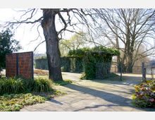 Parkanlage mit gepflastertem Weg, einem großen Baum in der Mitte und einer mit Efeu bewachsenen Pergola. Im Hintergrund sind ein schmiedeeisernes Tor und weitere Bäume sichtbar.