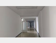 Ein leerer, schlichter Flur in einem Gebäude mit weißen Wänden, einer hellen Deckenbeleuchtung und mehreren offenen Türen mit Glasfenstern entlang der Wände. Der Boden ist aus glattem, beigem Material, und oben an den Türen befinden sich Notausgangsschilder.