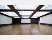 Großer, leerer Raum mit schwarzer und weißer Wandgestaltung, hellem Parkettboden sowie großen, rechteckigen Deckenleuchten. Im Hintergrund sind eine große Projektionsfläche und eine Tür zu sehen.