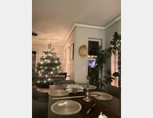 Ein Wohnbereich mit festlich geschmücktem Weihnachtsbaum, der mit Lichtern und Kugeln dekoriert ist. Im Vordergrund steht ein Esstisch mit Platzsets, Kerzenständer und einigen Papieren, im Hintergrund sind eine Topfpflanze und bunte Lichterketten sichtbar.