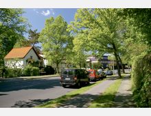 Straßenszene mit parkenden Autos entlang einer ruhigen, von Bäumen gesäumten Straße; links ein weißes Gebäude mit rotem Ziegeldach und einem Schild "Blumen", rechts ein schmaler Gehweg und dichter Bewuchs.
