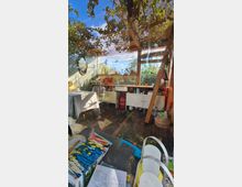 Ein Gartenhaus mit Holzveranda und Glasfront inmitten von Bäumen, ausgestattet mit einer Küchenzeile, Regalen und verschiedenen Gegenständen. Draußen sind Pflanzen und Sonnenlicht zu sehen, die durch das Glas reflektiert werden.