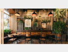 Gemütliches Café mit Holzmöbeln, begrünten Wänden und hängenden Pflanzen. Der Raum wird durch große Fenster, Holzelemente und dekorative Beleuchtung geprägt.
