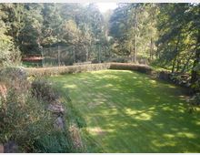 Eine offene Rasenfläche, die von einer niedrigen Hecke eingefasst ist, umgeben von hohen Bäumen und dichter Vegetation. Im Hintergrund ist ein Fußballtor mit Netz zu sehen, daneben ein Holzzaun am Rand der Grünanlage.